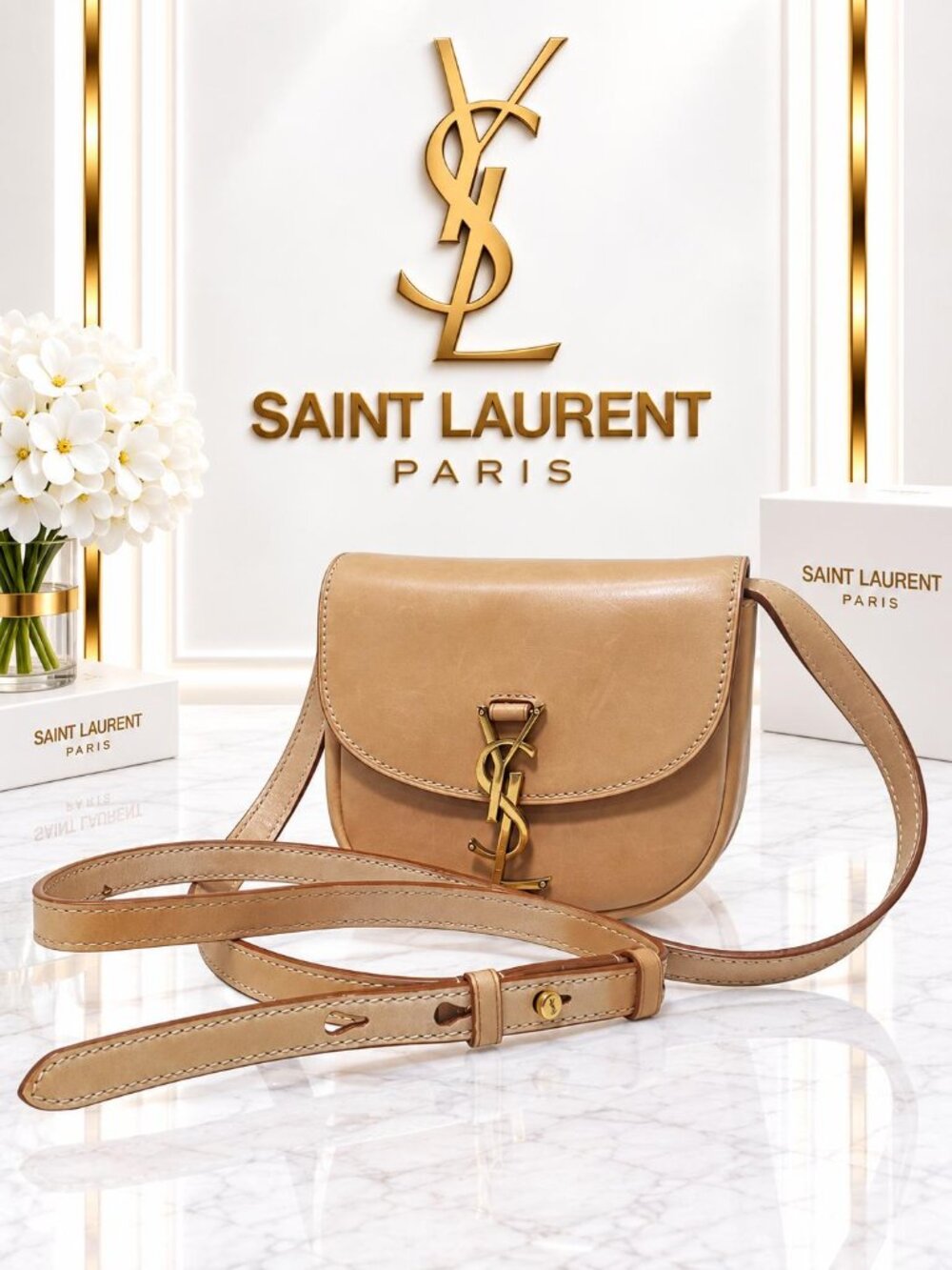 Authentic Saint Laurent YSL Kaia Tan Leather Crossbody Bag Gold Logo Luxury